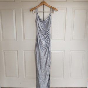 LAUNDRY By Shelli Segal Glitter Metallic Silver Dress Gown Cowl Neck Size 8